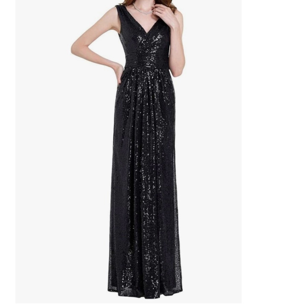 Sequined Navy Formal Maxi Dress Prom Wedding Bridesmaid Party Dress Sz 12 L New